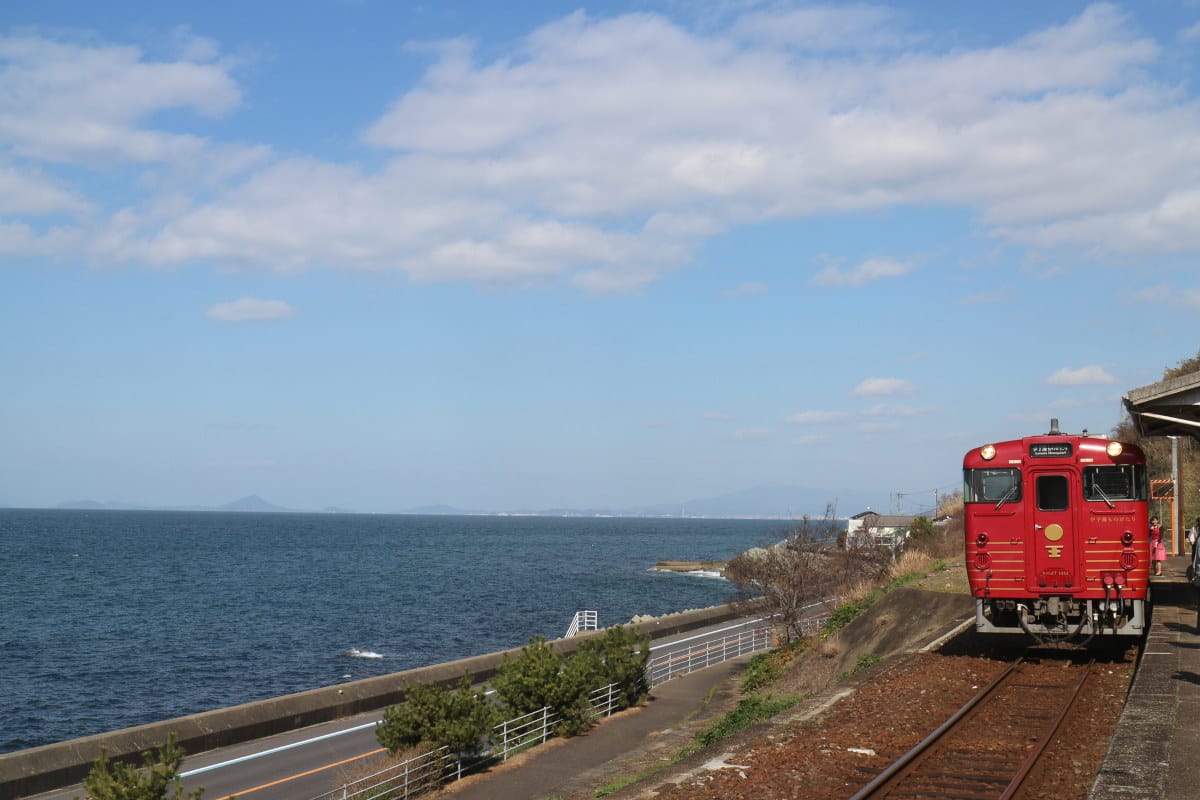 Coastal rail line along the sea at dusk near Shimonada